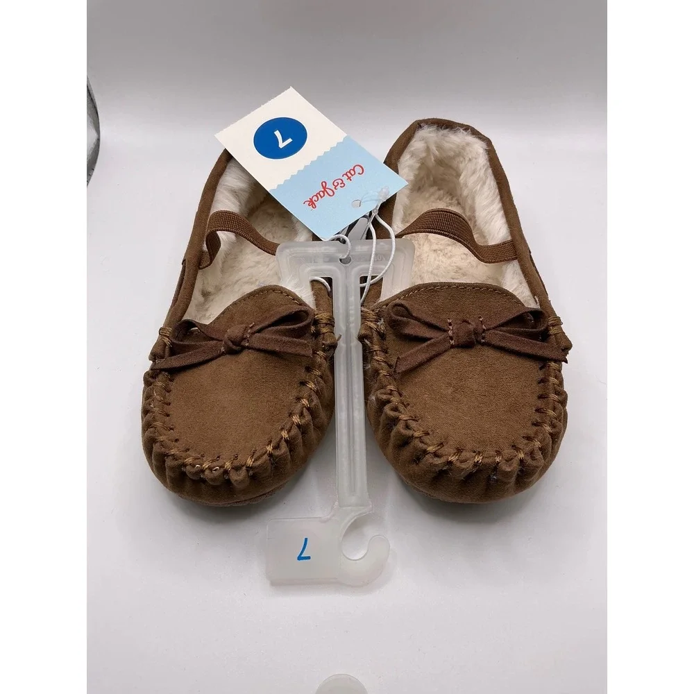 Cat & Jack Toddler Girls Brown Moccasin Slippers Faux Fur Lined Size 7 NWT